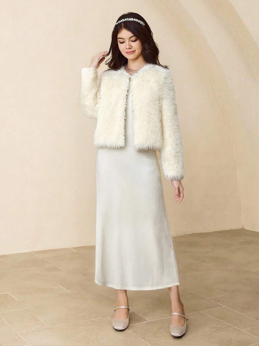 优雅休闲青少年圆领长袖宽松短款仿皮草外套搭配圆领无袖高腰长款罗纹针织连衣裙，秋冬套装，适合圣诞节、万圣节、派对 - 杏色 - 查看 1
