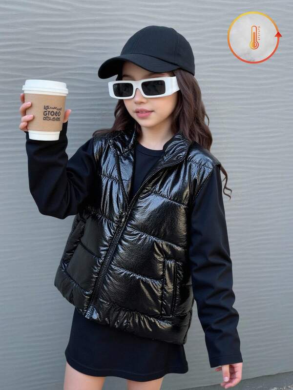 Girls Casual Shiny Quilted Padded Vest With Stand Collar, Black, Autumn/Winter Fall