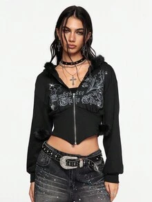 ROMWE Grunge Punk Y2K Subculture 复古修身豹纹连帽运动衫，复古花卉印花水钻装饰女式运动衫 - 黑色 - 查看 7