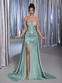 Glamrae Elegant Luxurious Green Elastic Coated Handmade Diamond Shell Collar Full Ruffle Sexy Slit Draped Mermaid Tail Formal Evening Gown - Green - View 1