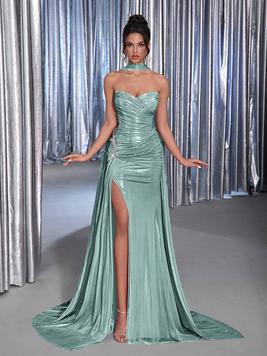 Glamrae Elegant Luxurious Green Elastic Coated Handmade Diamond Shell Collar Full Ruffle Sexy Slit Draped Mermaid Tail Formal Evening Gown - Green - View 1