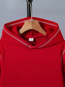 SHEIN 男童撞色条纹大口袋休闲卫衣，秋冬季款 - 紅色 - 查看 3