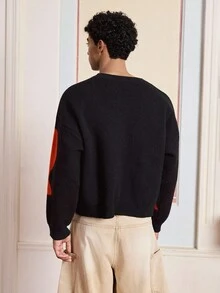 SWAVVY 标准尺寸男士提花针织长袖圆领毛衣，秋冬 - 黑色 - 查看 2