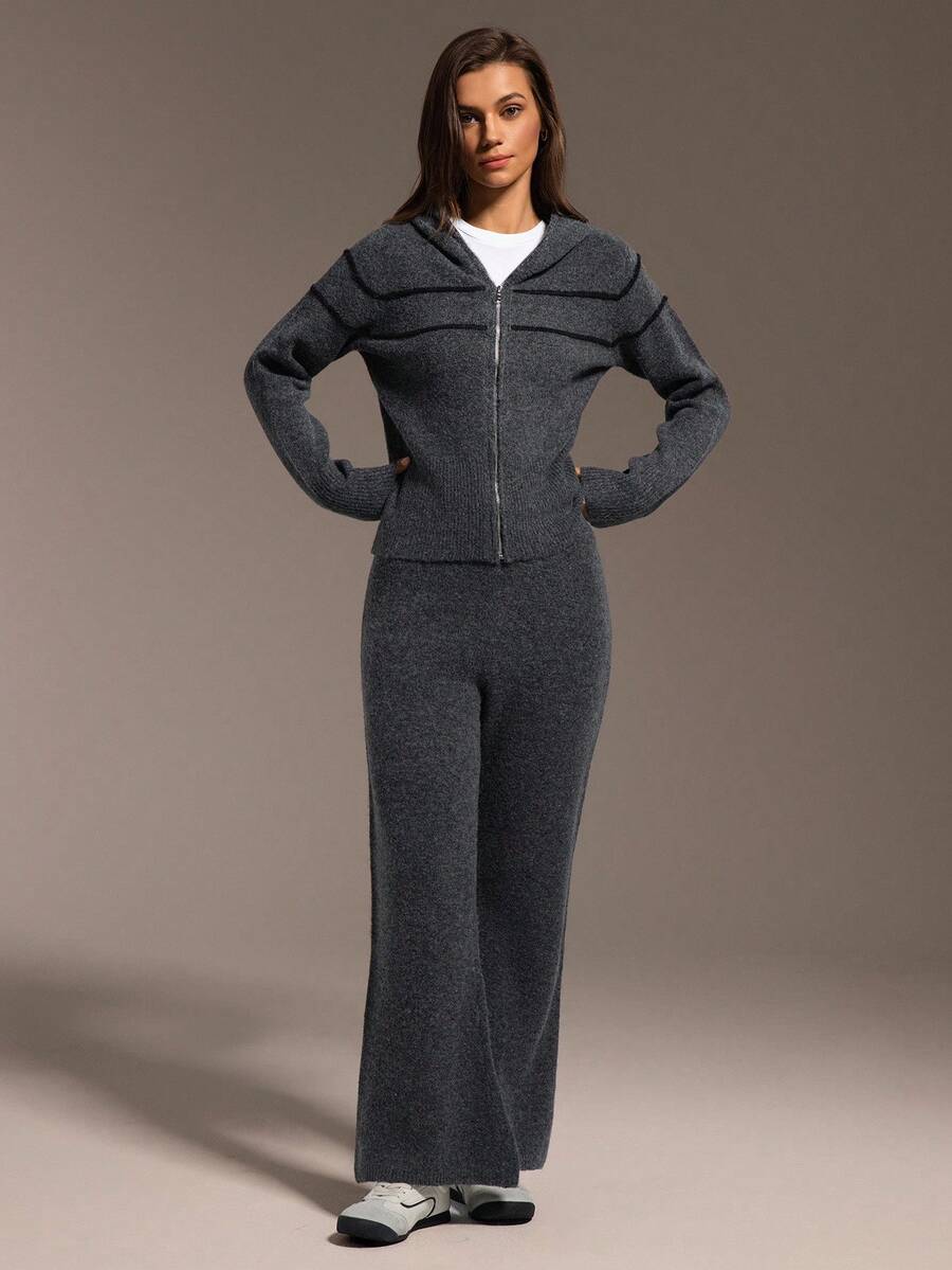 Hanevo 秋冬时尚条纹连帽针织开衫+针织裤套装 - 灰色 - 查看 1