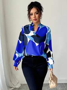 Elenzga Fashionable Commuter Contrast Color Print Notch Collar Shirt - Blue - View 6