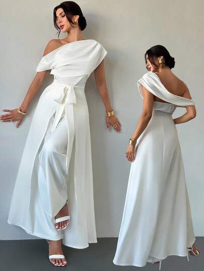 Firerie 女士优雅简约别致浪漫时尚办公室通勤度假斜领垂坠露肩白色衬衫系带下摆超大白衬衫上衣