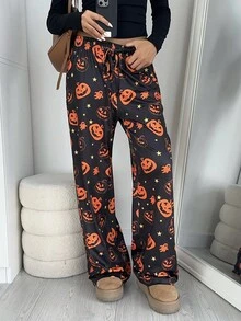 Aloruh 女式复古节日派对万圣节幽灵与蝙蝠印花阔腿裤 - 黑色 - 查看 3