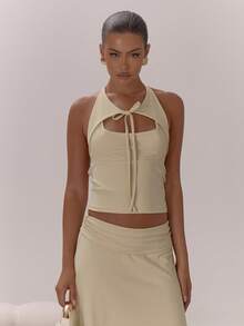 MUSERA 露背吊带露肩系带修身上衣，优雅性感，适合夜晚外出、度假、冬季派对、节日、聚会、舒适春夏等场合。 - 杏色 - 查看 1