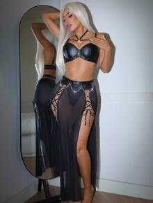 SHEIN 3件套：性感PU皮革吊带链网眼开衩系带长裙套装 - 黑色 - 查看 3