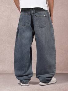 SUMWON 阔腿桶形牛仔裤，宽松版型，抽绳高腰设计，前褶皱，秋季时尚，弹性腰带，都市街头风纯色 - 藍色 - 查看 2