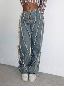 StreetHx Vintage Street Chic Distressed Tie-Up High Waist Straight Leg Jeans