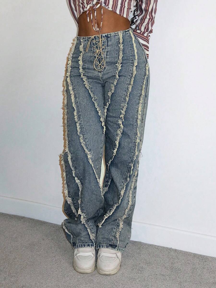 StreetHx Vintage Street Chic Distressed Tie-Up High Waist Straight Leg Jeans