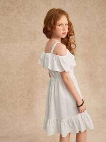Tween Girl Cold Shoulder Ruffle Hem Dress Summer Holiday - White - View 2