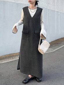 FRIFUL Women's V-Neck Straight Hem Slit Casual Solid Color Front Pocket Decor Long Dress - Grey - View 5