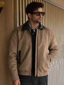 Manfinity VCAY Men's Long Sleeve Khaki Bomber Jacket,Autumn Streetwear Work Outerwear With Triangle Leather Patch Decoration And Turndown Collar Mocha Casual Jacket - Coffee Brown - View 5