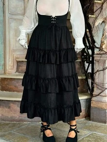 Flirla 大码女式万圣节纯色腰带设计荷叶边下摆休闲连身裤连衣裙 - 黑色 - 查看 4