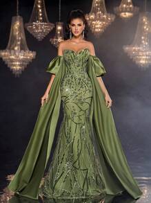 Glamrae Elegant Multi-Color Grass Green Luxurious 3D Beaded Sequined Tube Top Mesh Fishtail Evening Dress With Detachable Lantern Sleeves For Weddings,Parties - Olive Green - View 7