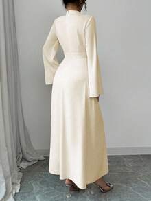 Selianne 女式立领褶皱长袖纯色中长连衣裙女装 - 杏色 - 查看 2