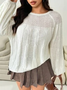 SHEIN EZwear 大码休闲纯色插肩袖女式开衫秋冬装 - 杏色 - 查看 7