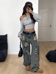 Coolane 女士秋冬街头风外出基本款露肩短款长袖灰色运动衫 - 灰色 - 查看 2