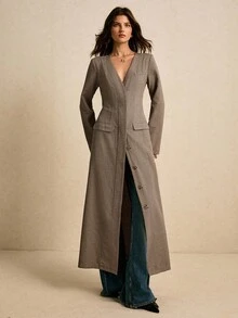 Poéselle Cappotto lungo con bottoni frontali a quadri di moda per pendolari da donna, cappotto invernale e abito da donna, cappotto a quadri, top da uscire, Natale per donna, Capodanno per donna, Old Money, elegante per donna, di classe per donna, autunno inverno - Castano - Visualizzare 5