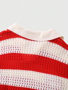 ROMWE MEN Prep 男士条纹字母刺绣宽松镂空针织衫，秋冬款，长袖上衣 - 紅色 - 查看 7