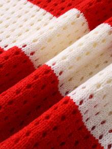 ROMWE MEN Prep 男士条纹字母刺绣宽松镂空针织衫，秋冬款，长袖上衣 - 紅色 - 查看 8