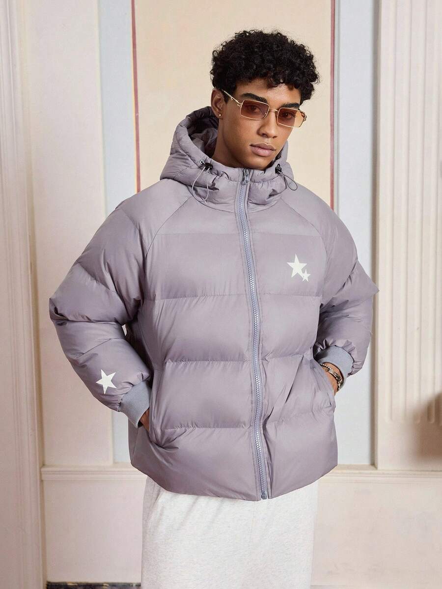 SWAVVY Áo khoác trùm đầu in hình ngôi sao thường ngày dành cho nam, mùa đông - Xám - Xem 1