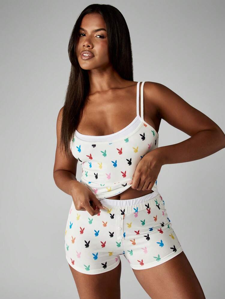 Missguided x Playboy 伸縮性のあるキャミソールタンクトップとボーイショーツ、バニープリント