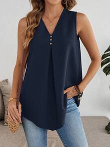 EMERY ROSE 女士纯色纽扣设计V领休闲宽松无袖衬衫 - 藏蓝色 - 查看 3