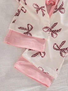 SHEIN 4 件套女婴秋季新款服装，包括蝴蝶结领荷叶边装饰长袖 T 恤和蝴蝶印花喇叭裤，纯粉色，休闲时尚，适合居家、外出、通勤 - 彩色 - 查看 6