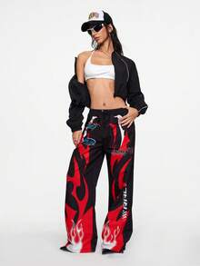 ROMWE Street Life 女款街头风格赛车赛博朋克荆棘火焰徽章降落伞裤 - 黑色 - 查看 7