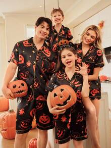 FamilyFrolics Set de pijamale pentru femei, 2 buc., top cu mânecă scurtă și pantaloni scurți din satin cu imprimeu digital, set de pijamale pentru femei de Halloween, pijamale de Halloween pentru femei, pijamale de toamnă, seturi de pijamale pentru femei, set de pantaloni scurți de pijamale de Halloween - Multicolor - Vizualizare 7