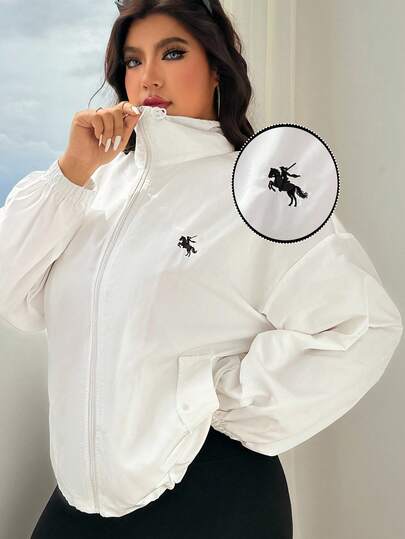 SHEIN EZwear 大码女式秋季刺绣落肩宽松拉链开衫