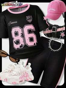 SHEIN 2件套女童休闲简约数字印花T恤和短裤，适合夏季穿着