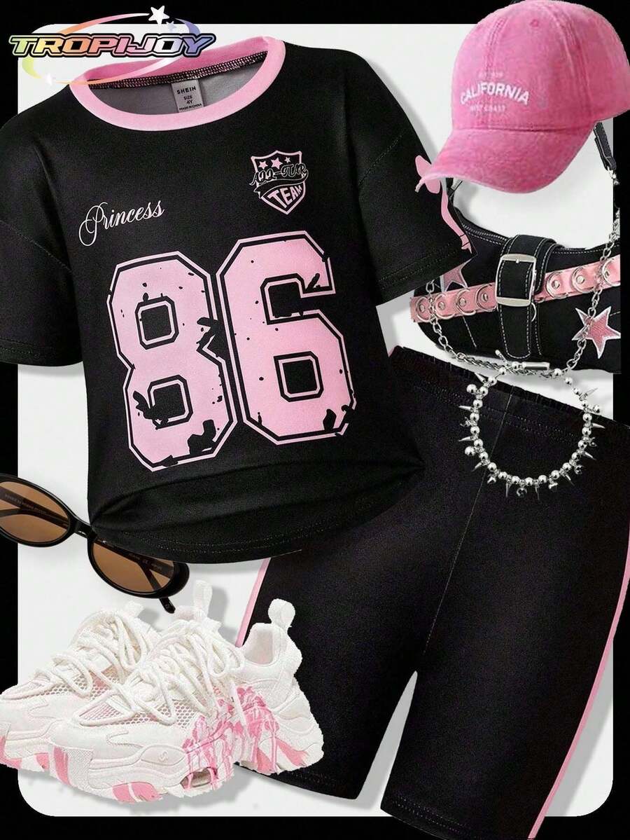 SHEIN 2件套女童休闲简约数字印花T恤和短裤，适合夏季穿着