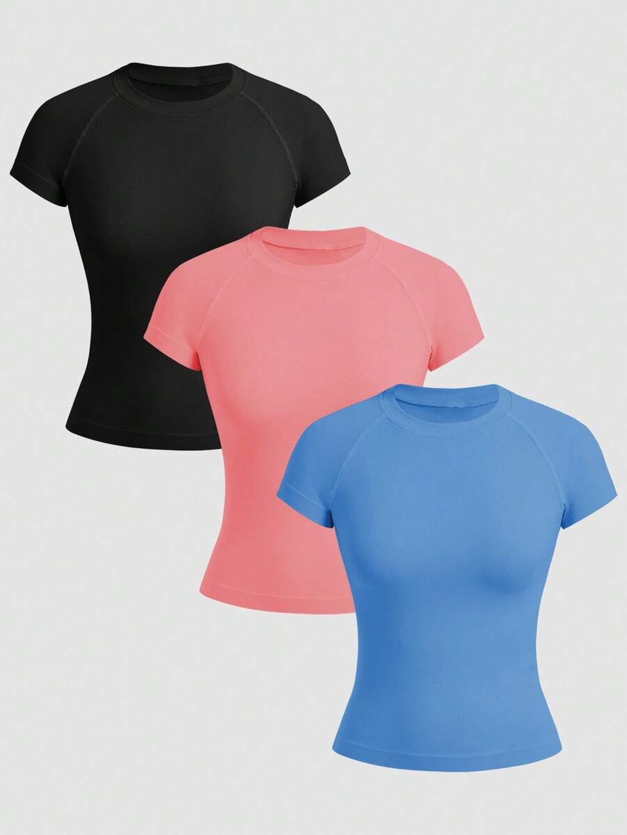 Easithlete 女士休闲无缝纯色简约短袖运动T恤3件装 - 彩色 - 查看 1