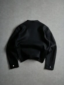 Manfinity EMRG Men's Oblique Button Long Sleeve Jacket, Asymmetrical Button Design Casual Jacket, Recommended Gift For Husband, Boyfriend, Friend, Black Cropped Jacket Men, Black Jacket Men, Fall - Black - View 2