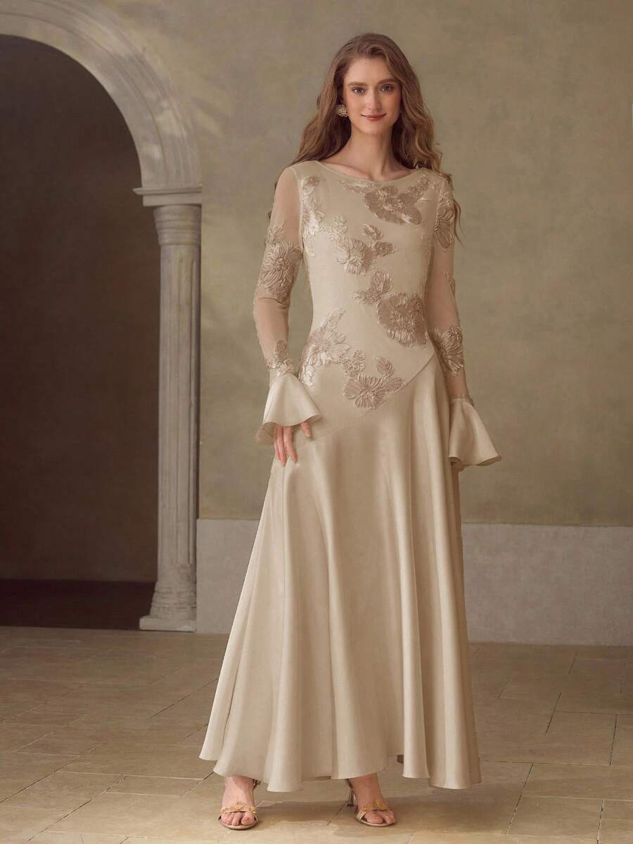 MOTF PREMIUM EMBROIDERY CONTRAST MESH DRESS - Khaki - View 1