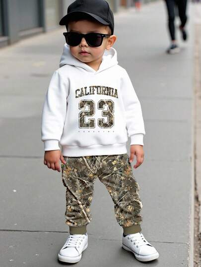 SHEIN 2pcs/Set Baby Boy Casual Minimalist Fashion Number 23 Graphic Hoodie Outfit, Suitable For Spring, Autumn & Winter Fall