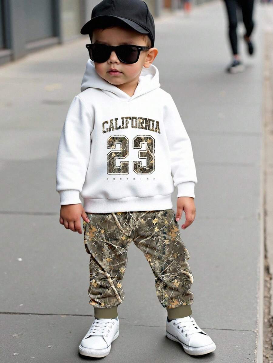 SHEIN 2 件套男婴休闲简约时尚 23 号图案连帽衫，适合春秋冬季 - 彩色 - 查看 1
