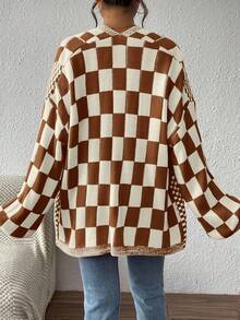 EMERY ROSE Damen Lässige Mode Schachbrettmuster Locker Strickjacke, Herbst/Winter - Khaki - Übersicht 2