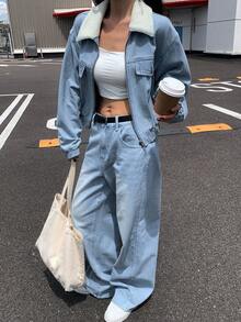 DAZY 女式休闲浅水洗蓝色翻领牛仔套装，秋季 - 藍色 - 查看 4