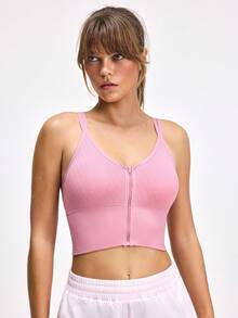 LOUNGEISTA 1pc Cute Front Zipper Seamless Elastic Sports Bra & Enhancing Bra For Women, Workout - Pink - View 7