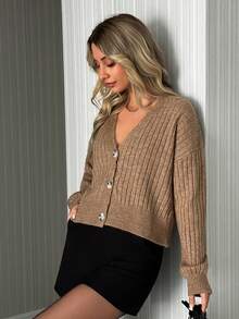 EURMUSE Women'S Solid Color Short Cardigan With Ribbed Texture - Brown - View 5
