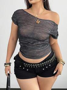 POPSWAY 大码女式休闲斜肩半透明褶饰短袖T恤，春夏 - 黑色 - 查看 1