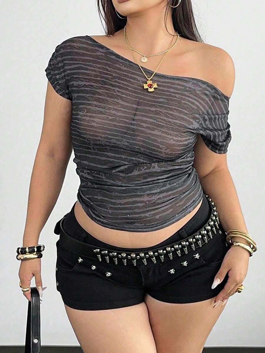 POPSWAY 大码女式休闲斜肩半透明褶饰短袖T恤，春夏 - 黑色 - 查看 1