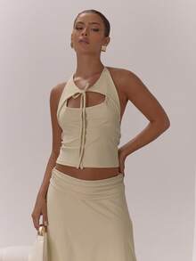 MUSERA 露背吊带露肩系带修身上衣，优雅性感，适合夜晚外出、度假、冬季派对、节日、聚会、舒适春夏等场合。 - 杏色 - 查看 5