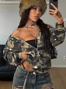 Coolane Women's Fall/Winter Fashion Streetwear Going Out Casual  Homecoming Camo Print Loose Long Sleeve Zip Up Hooded Sweatshirt Jacket - Multicolor - View 3