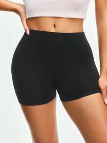 SHAPORA Women Black Knitted Fabric Boyshorts Casual Plain Slight Stretch - Black - View 3